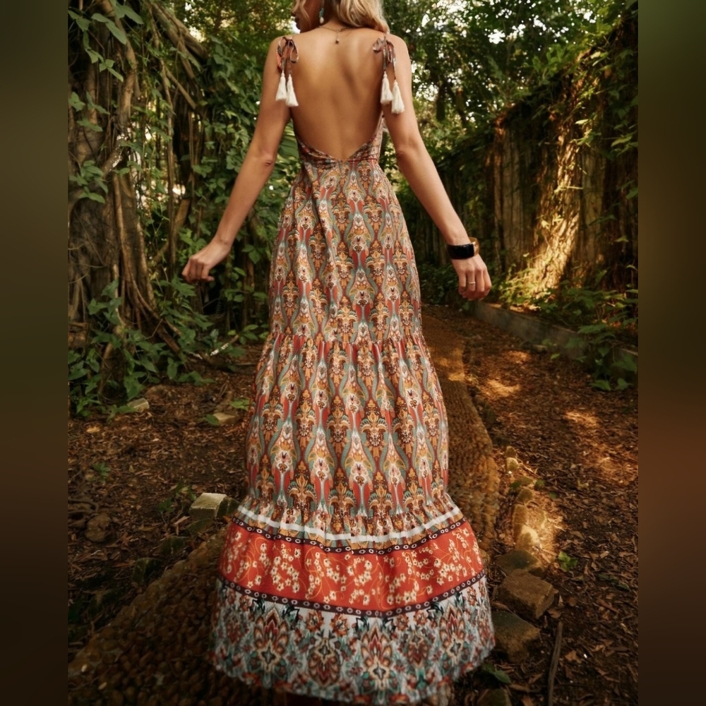 Boho Floral Print Backless Tie Shoulder Ruffle Hem Cami Dress - Picture 3 of 6